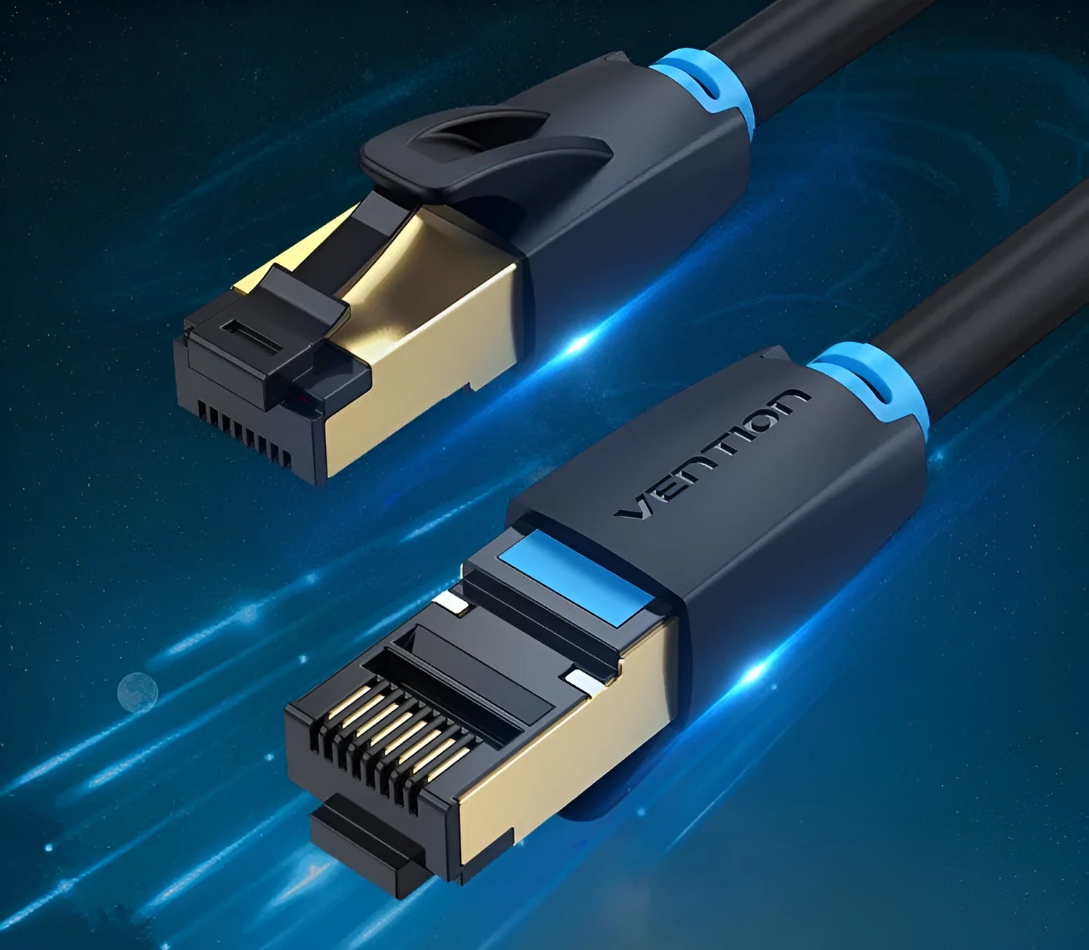 Shielded Cat8 Ethernet network cable with RJ45 connectors, showing flat and round style options.