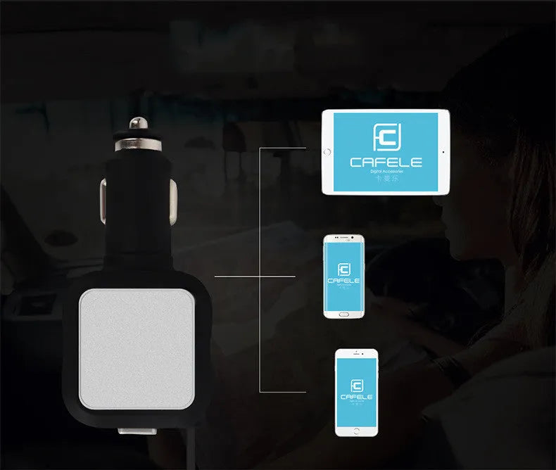 2 in 1 dual USB retractable car charger in black and silver with a retractable cable and two USB ports for mobile device charging