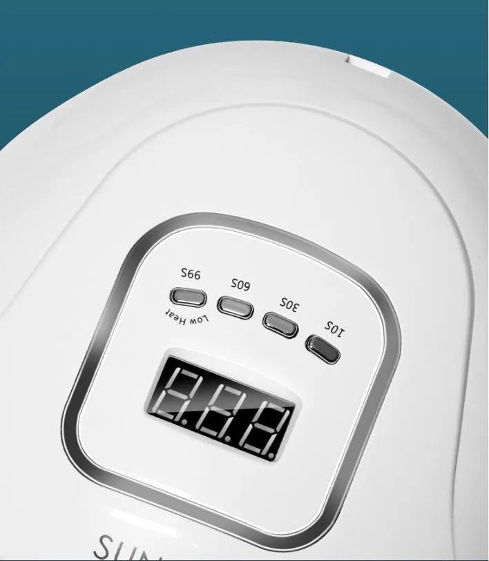 White UV LED gel nail polish curing lamp with digital timer display and 45 lamp beads.