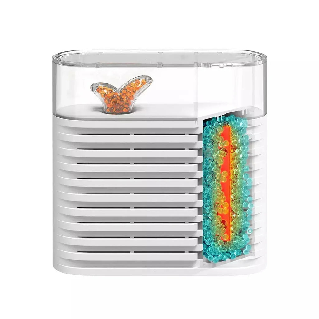 White reusable cabinet dehumidifier box with transparent top showing colour-changing silica gel beads