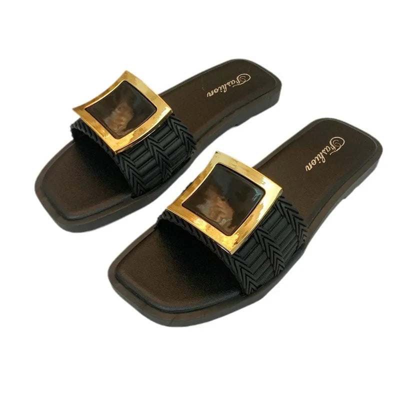 Women's summer flat slippers in apricot, black and khaki colours with waterproof PVC non-slip soles