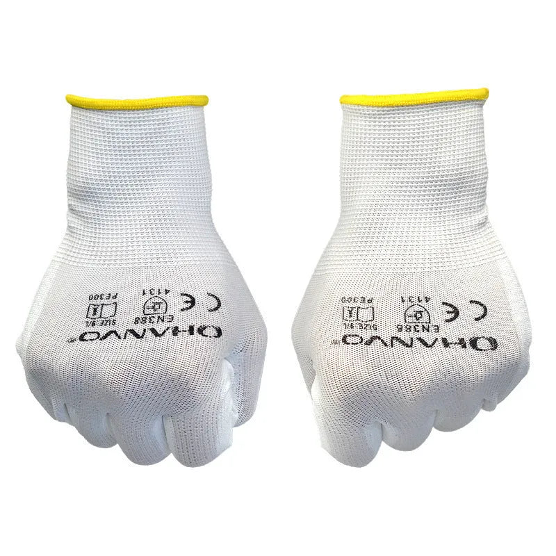 White PU coated labour gloves showing the long 24 cm cuff, available in M and L sizes.