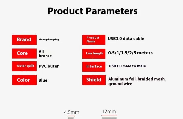 USB 3.0 data cable with nickel-plated connectors available in multiple lengths