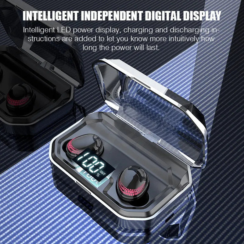 Black X10 Bluetooth wireless headset with charging case showing compact design