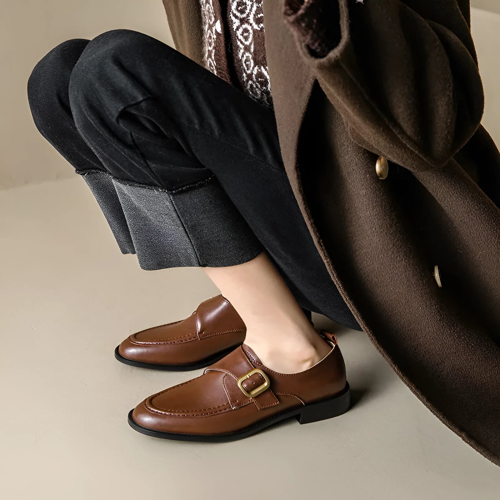 Women's casual round toe mid heel leather shoes with belt buckle in black and brown