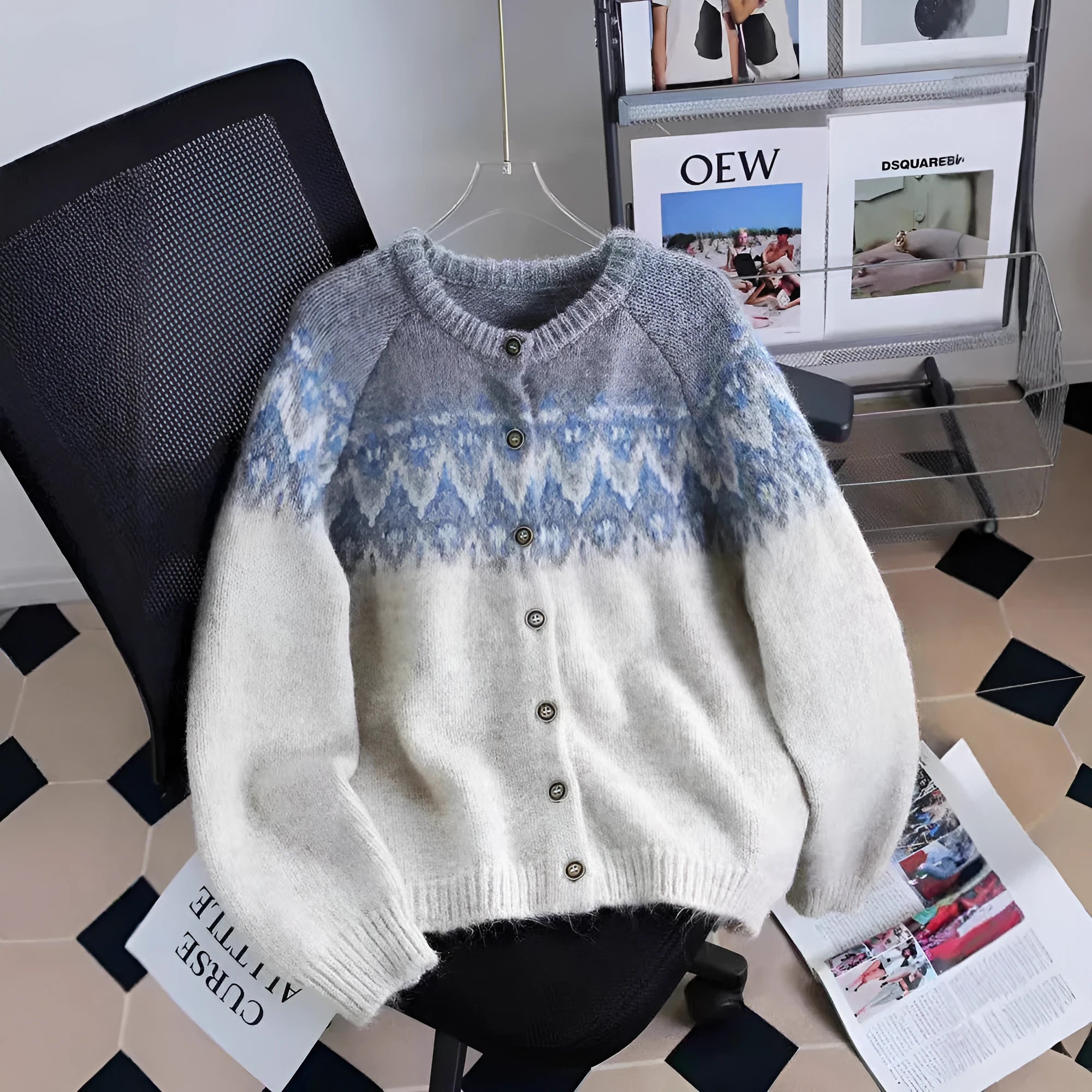 Women's loose fit jacquard knit sweater coat in milky white, shown front view.