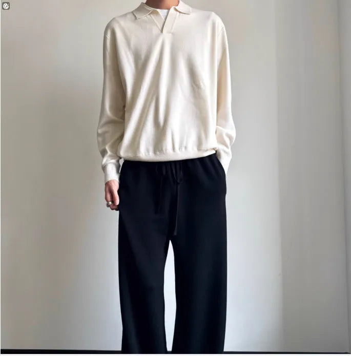 Pure wool lapel polo sweater in loose fit, shown in milky white and navy blue.