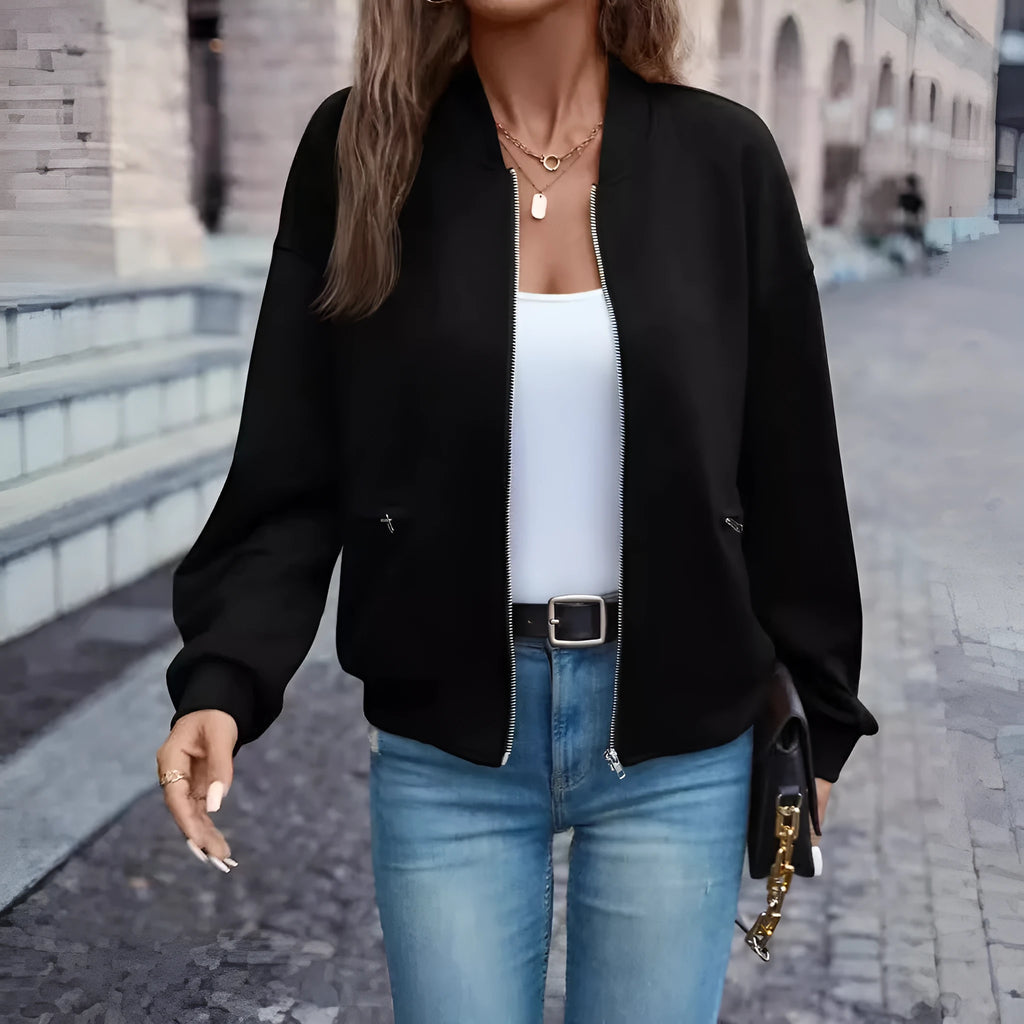 Women's black polyester zip jacket with long sleeves and faux pockets in Japanese Korean casual style