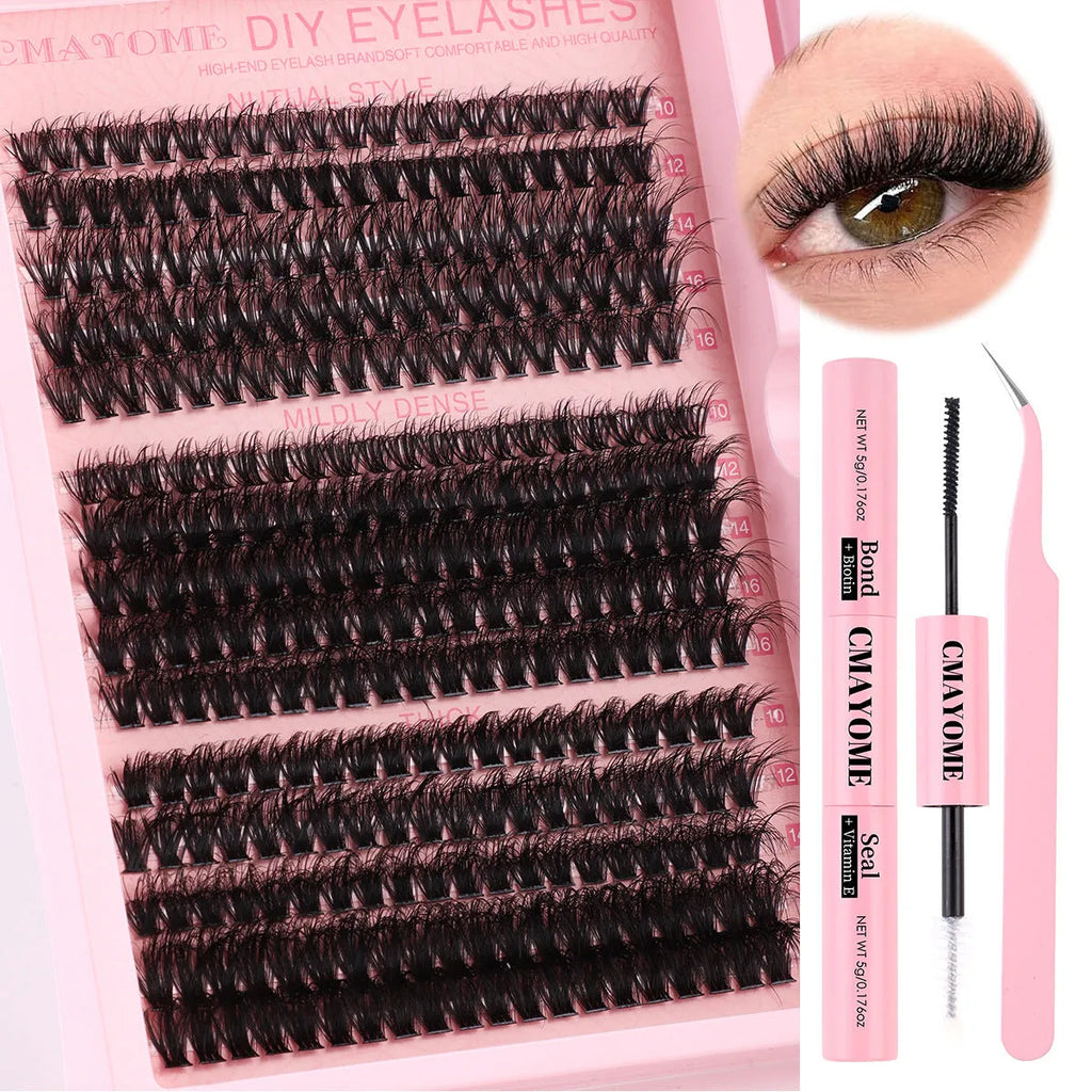 DIY false eyelash extension set showing single cluster lashes with application tweezers