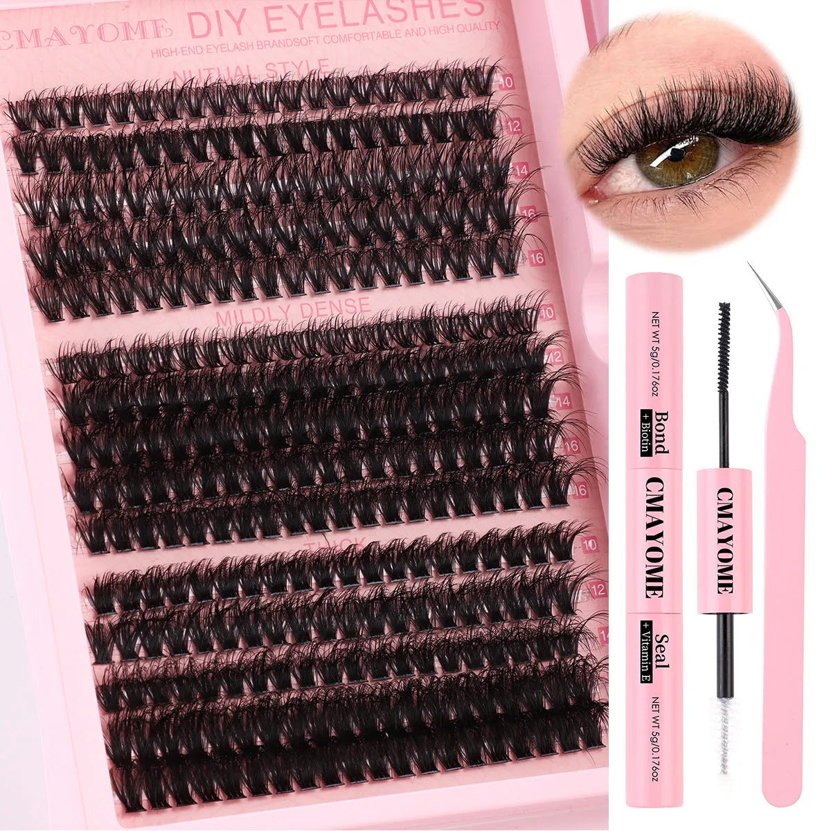 DIY false eyelash extension set showing single cluster lashes with application tweezers