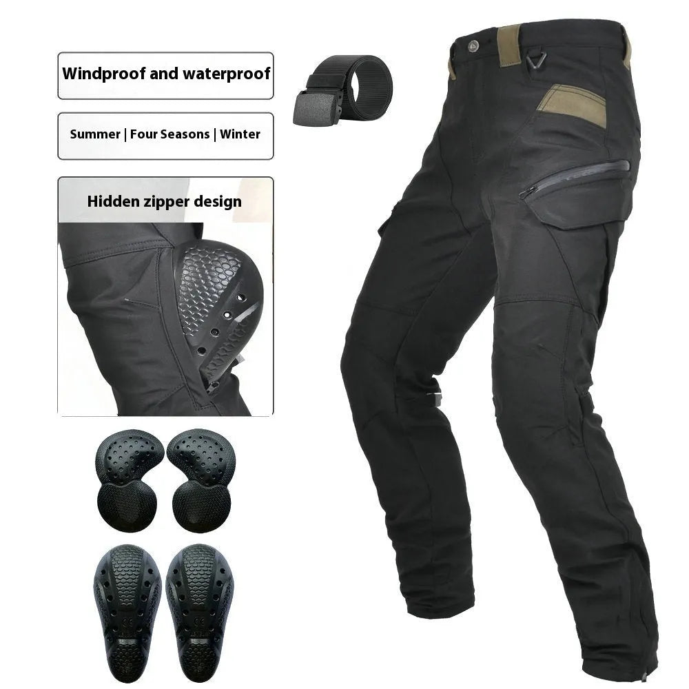 Motorcycle waterproof cycling trousers in black or green with included belt and protective gear