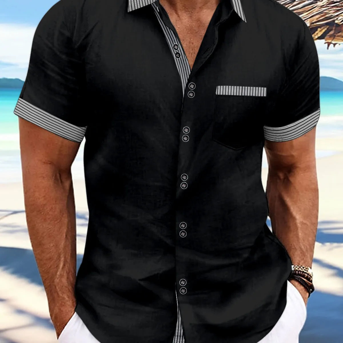 Men's slim fit striped short sleeve casual shirt in pure cotton on a hanger.