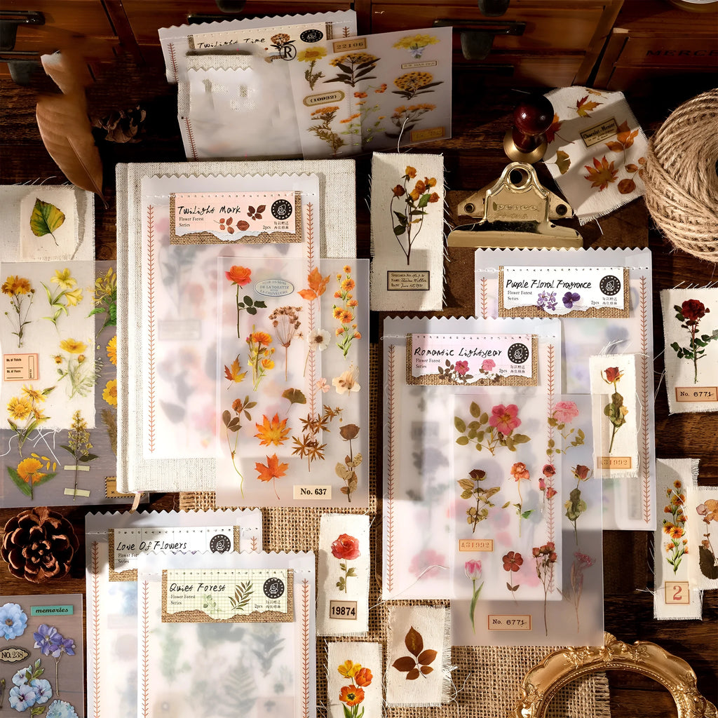Huazhisen forest art sticker pack showing six colour designs on transfer paper and cotton linen sheets