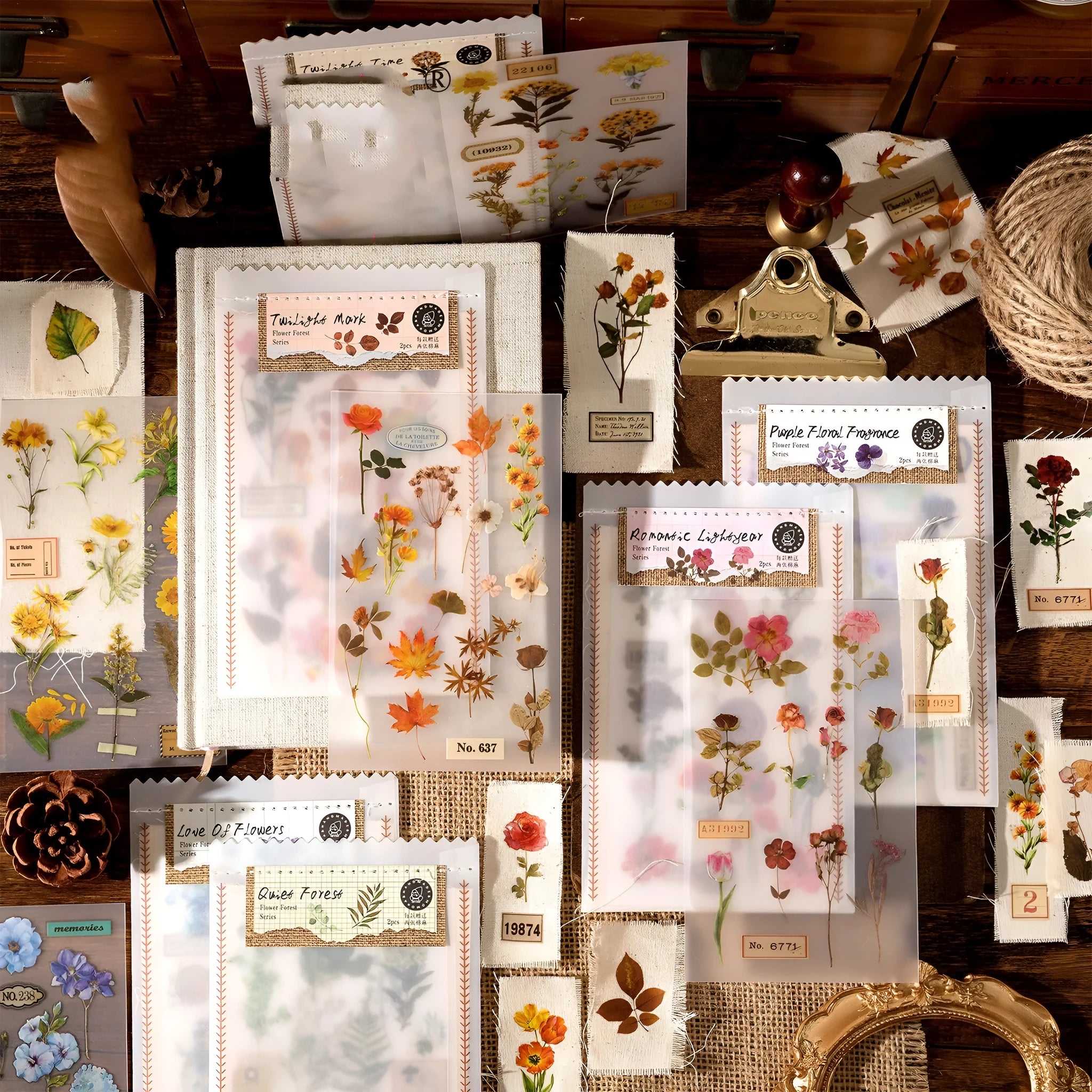 Huazhisen forest art sticker pack showing six colour designs on transfer paper and cotton linen sheets