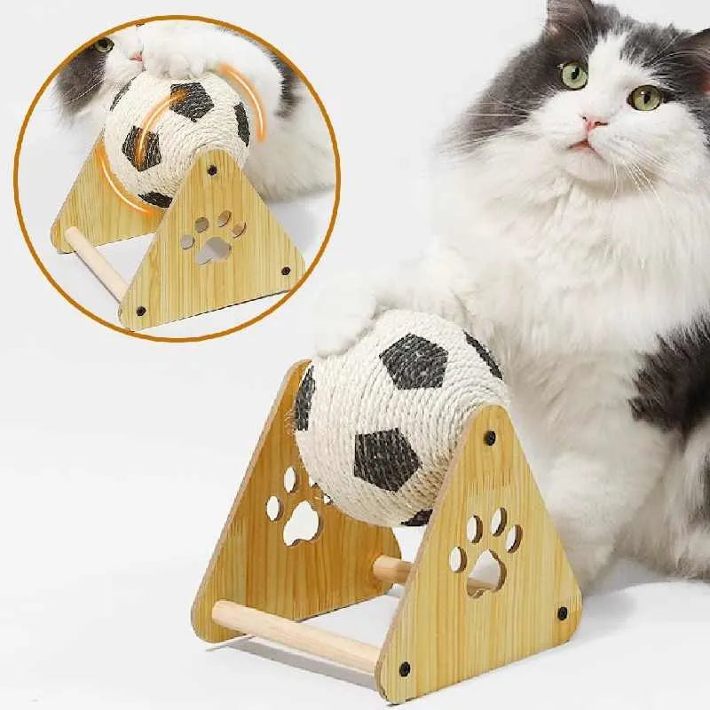 Vertical wooden cat scratch board with solid wood base and sisal rope winding, football style colour