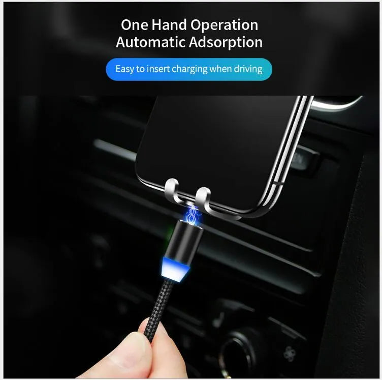 YBD 1 metre cotton braided magnetic charging cable with Lightning, Micro USB and Type-C connectors.