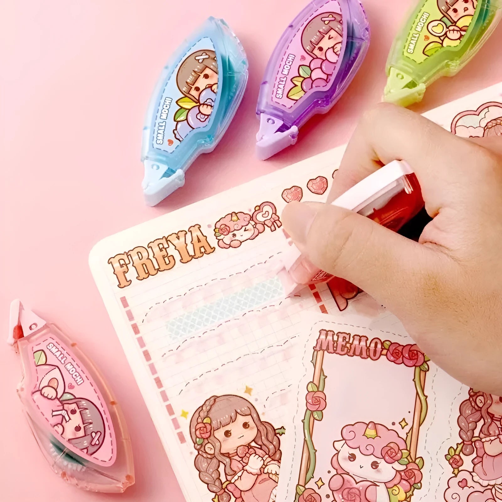 Hand account dotting glue in card packaging showing fruit juice colour variants.