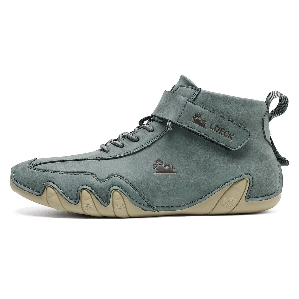 High-top octopus-style Martin boots in solid colour, microfiber upper with stitched seams, round toe, rubber sole