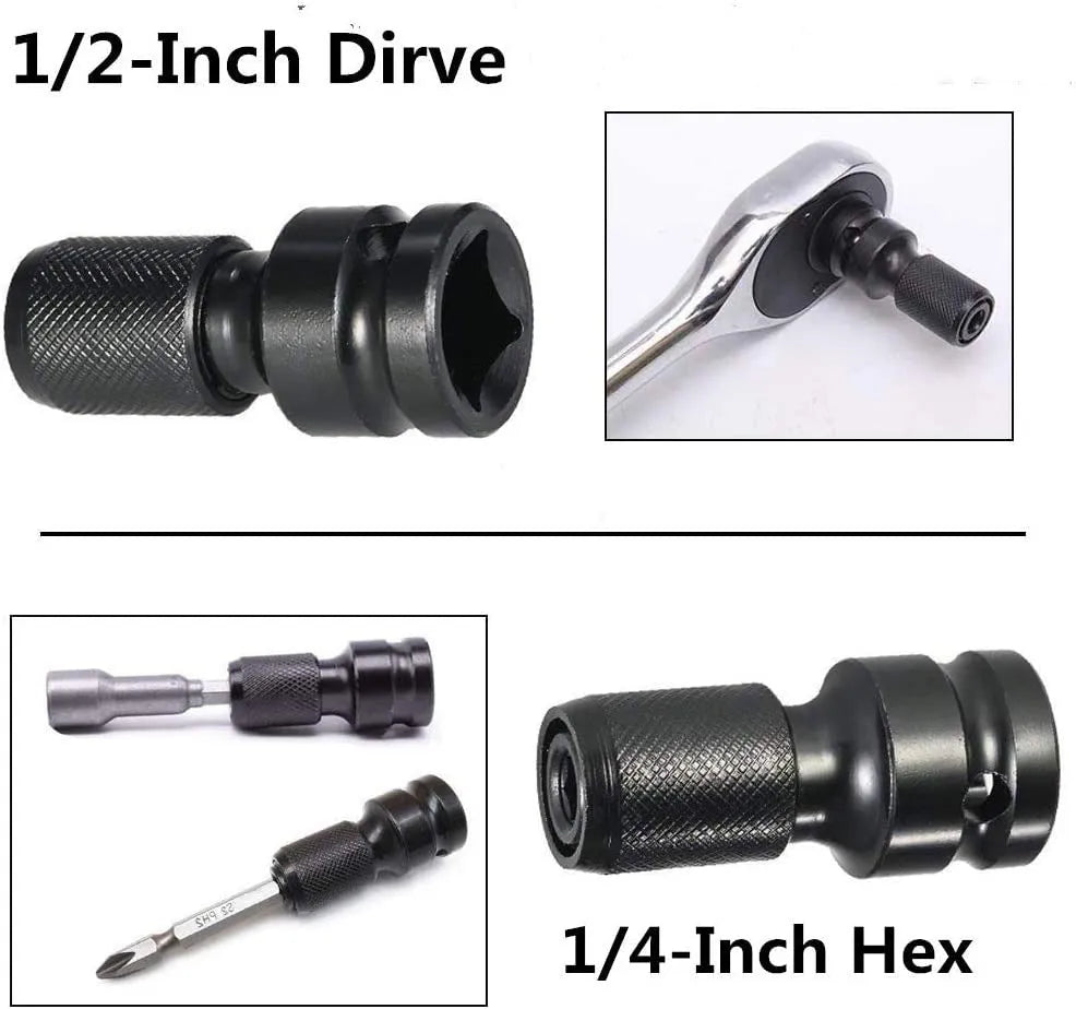 Telescopic scaling bit holder adapter for 1/2" to 1/4" drive conversion with O-ring bolt