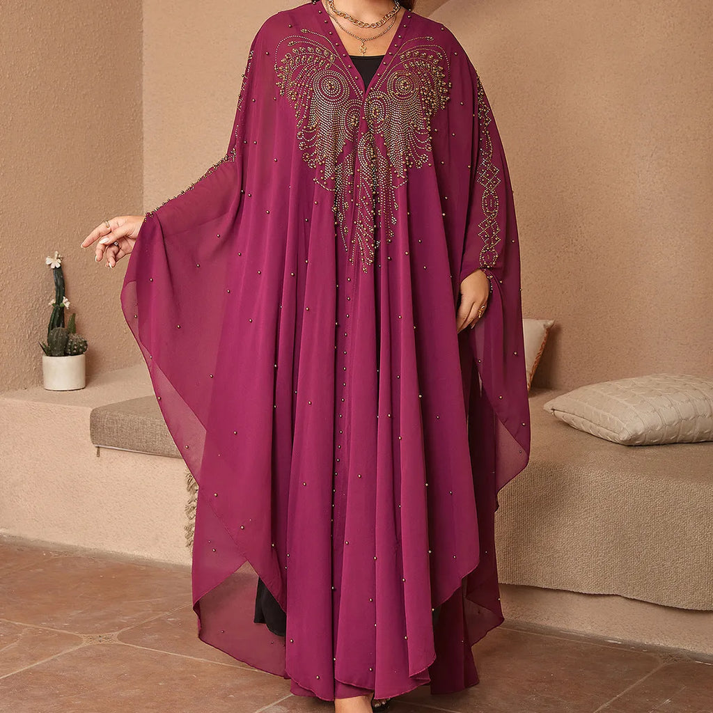 Purple Muslim-style chiffon cape shawl with rhinestone beading detail, showing sheer fabric and 135-175cm length