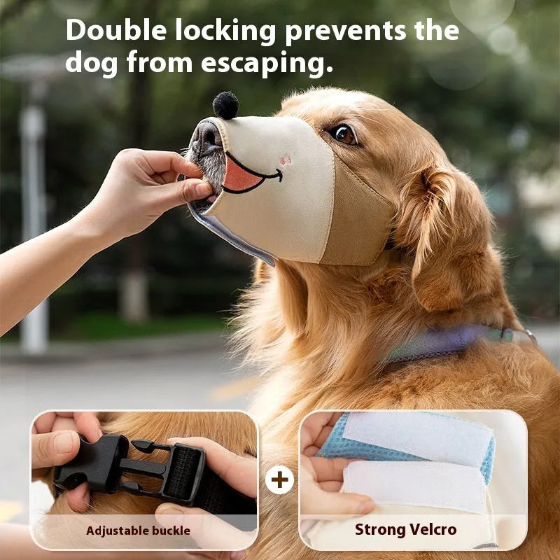 Canvas dog muzzle mouth cover in Ollie Brown Bear and Bondi Blue Shark colours, shown in sizes S, M, L, and XL.