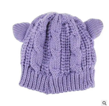 Hand-made knitted beanie hat with 3D cat ears in winter wool colours