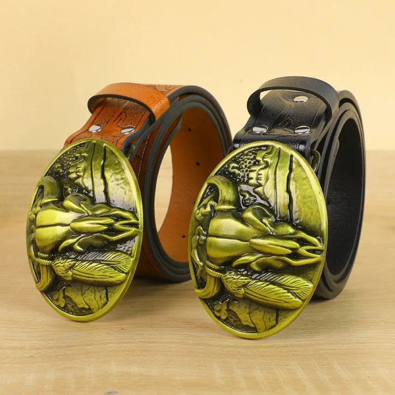 Men's imitation leather belt with detailed alloy cowboy head buckle in black or brown colours