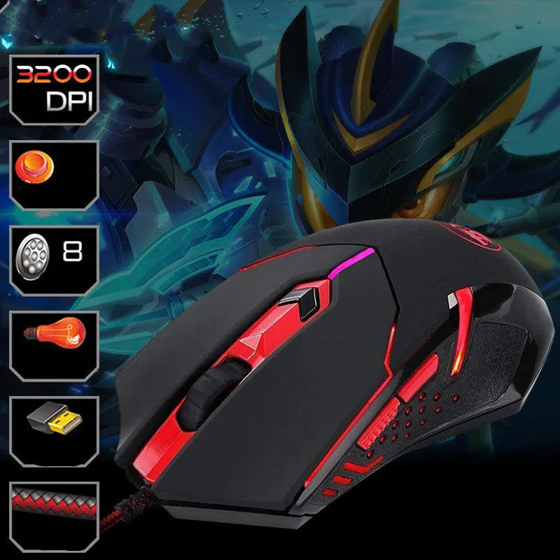 Black and red wired USB gaming mouse with six buttons on an ergonomic shape.