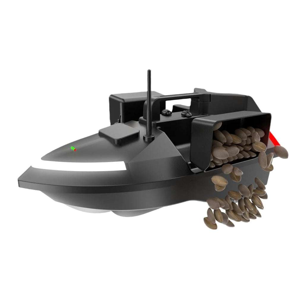 Black remote control GPS fishing boat with LED light on deck, shown with remote control.
