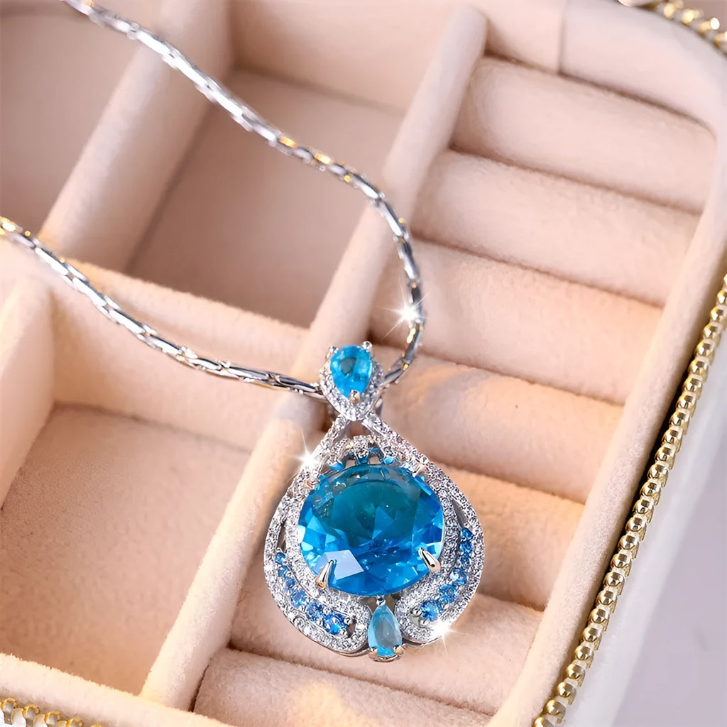 Geometric blue crystal pendant necklace with water wave chain for women