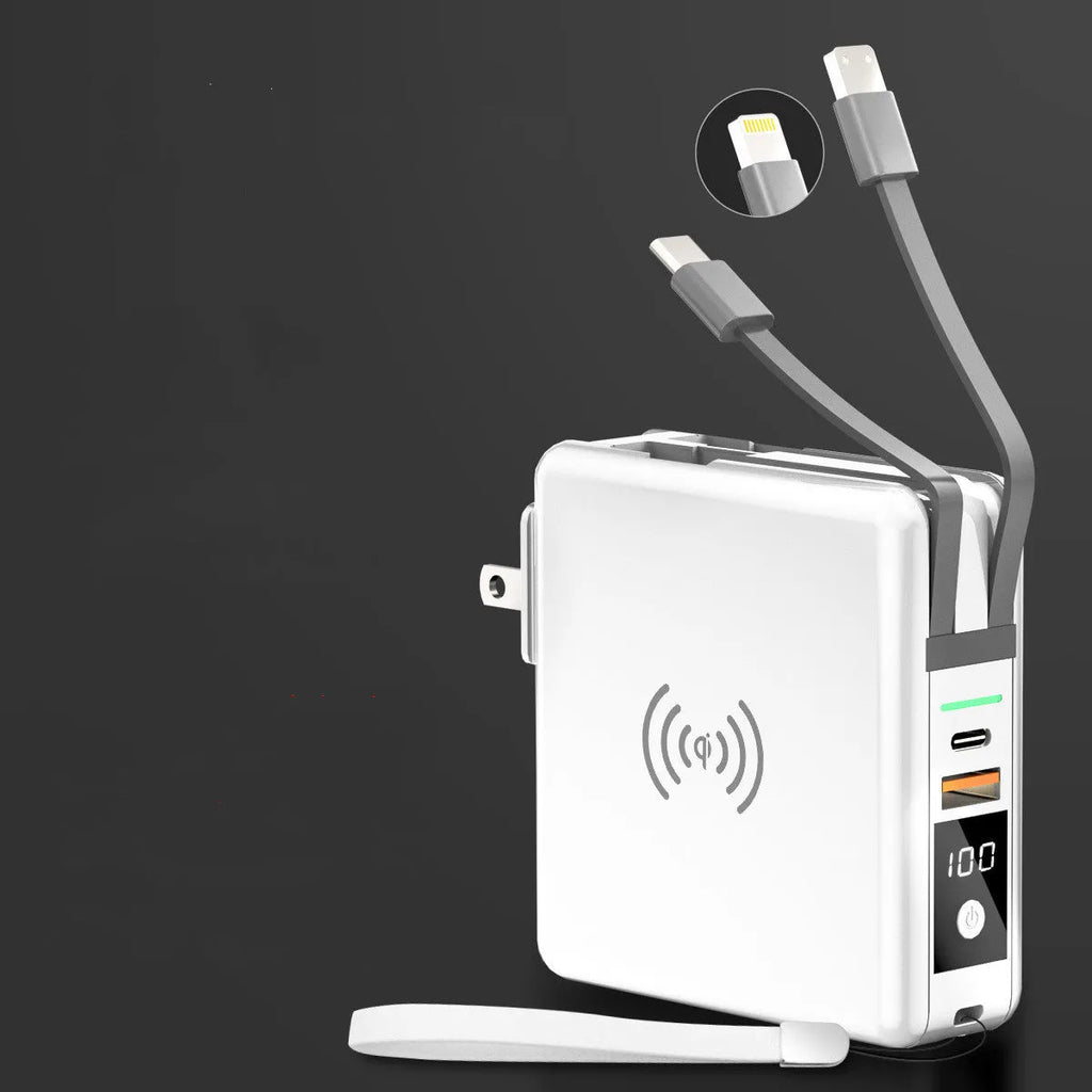 Black and white 10000mAh power bank with wireless charging surface and foldable plug