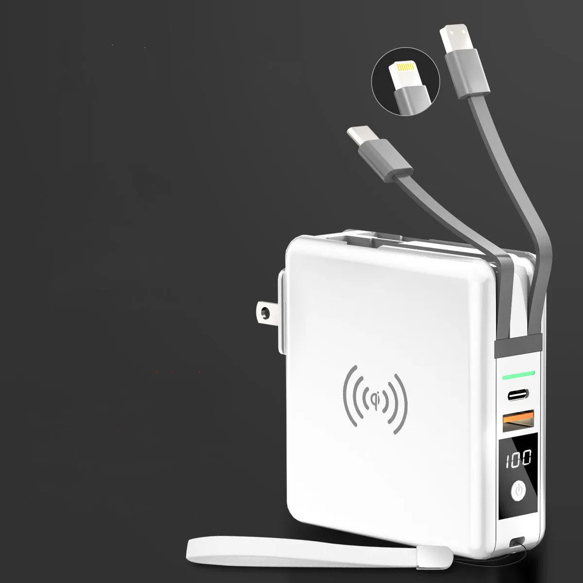 Black and white 10000mAh power bank with wireless charging surface and foldable plug