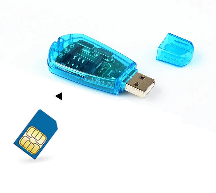 Blue external USB SIM card reader for PC to manage phonebooks and SMS messages