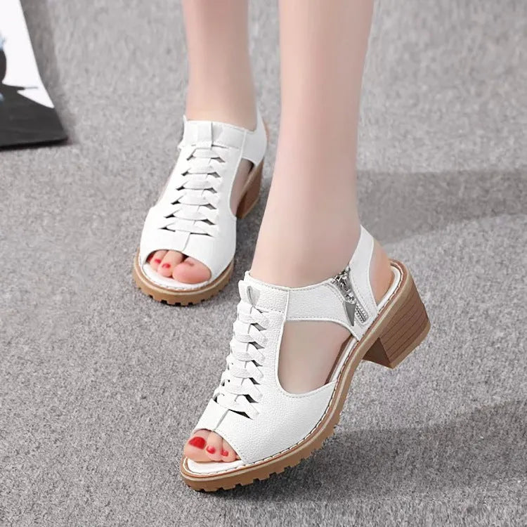 Women's retro sandals with side zipper and middle heel in black, creamy white, or white