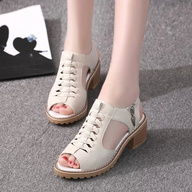 Women's retro sandals with side zipper and middle heel in black, creamy white, or white