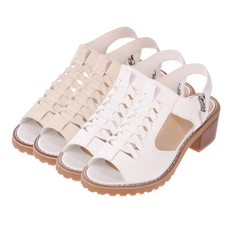 Women's retro sandals with side zipper and middle heel in black, creamy white, or white