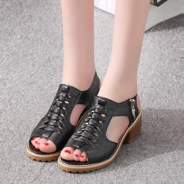 Women's retro sandals with side zipper and middle heel in black, creamy white, or white