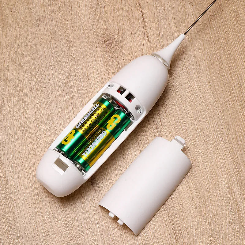 Black and white handheld electric milk frother blender for coffee beverages