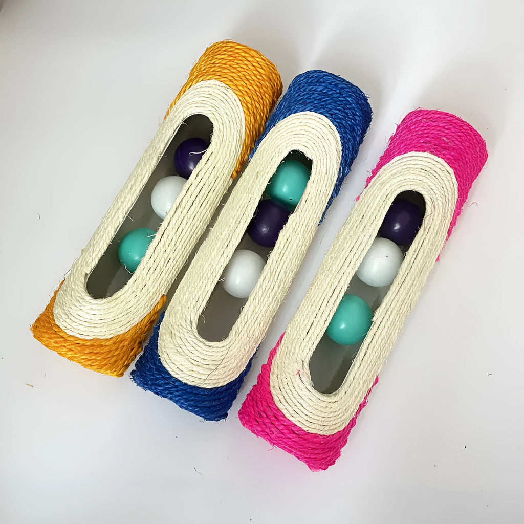 Sisal cat toy with plastic ball in blue colour, 28.5cm long, on white background