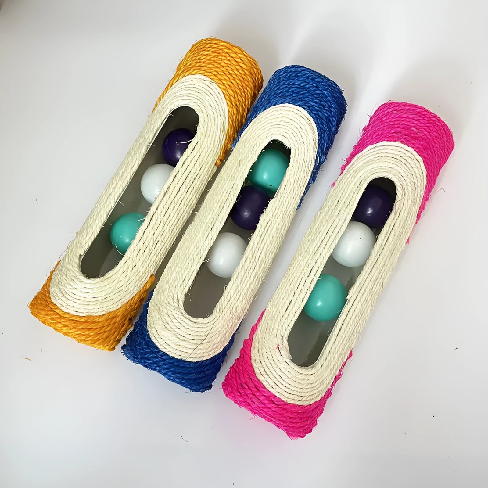Sisal cat toy with plastic ball in blue colour, 28.5cm long, on white background