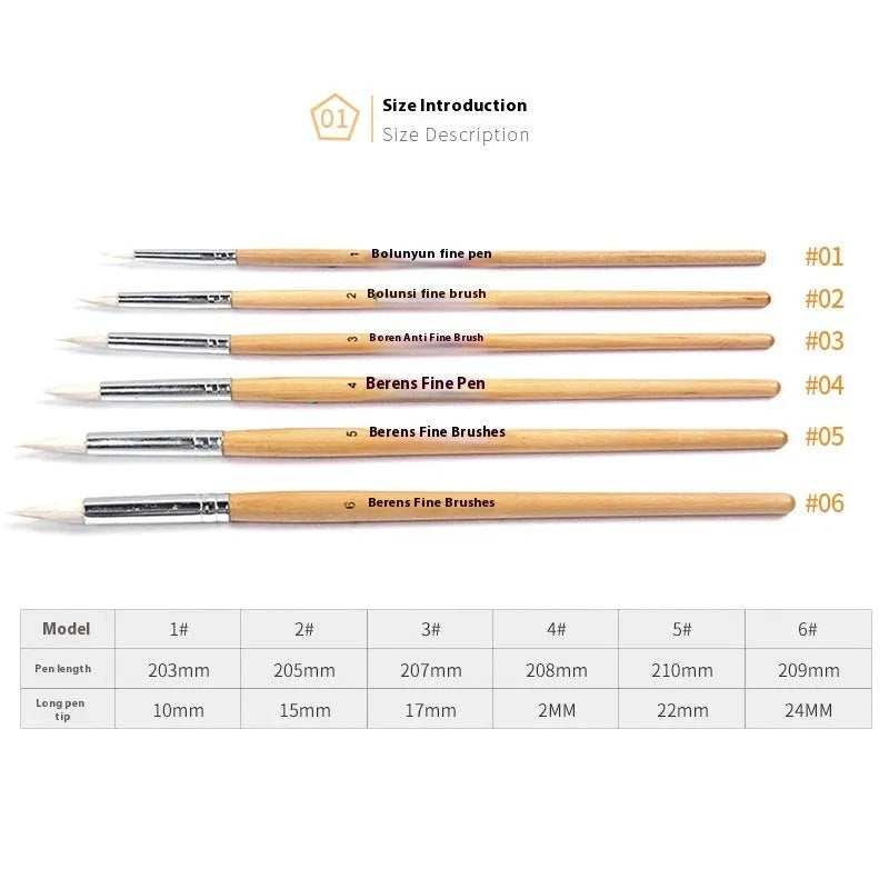 Six wooden-handled pointed wool line pen brushes arranged together.