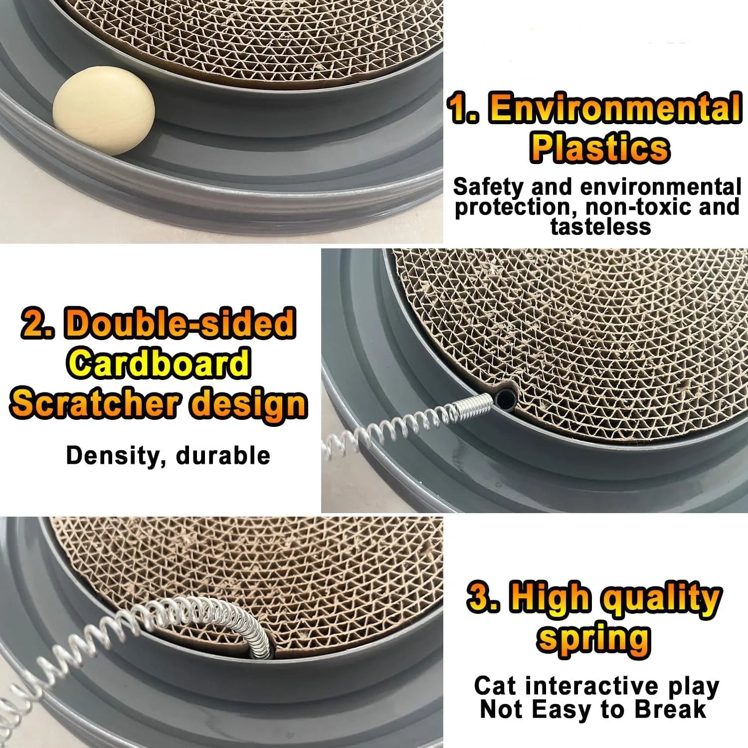 Blue interactive cat scratcher with ball track and replaceable corrugated cardboard scratching surface