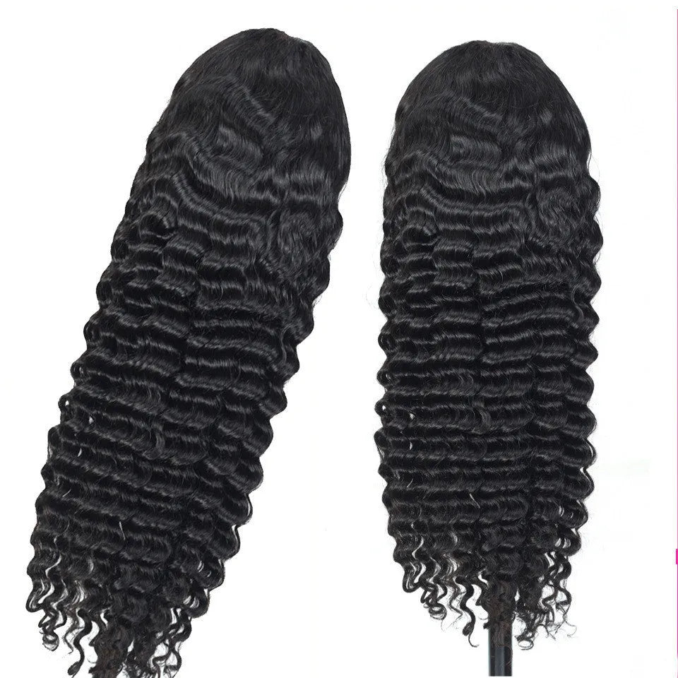 Deep wave human hair lace frontal wig in black, machine made, 14 inches long, with straight bangs
