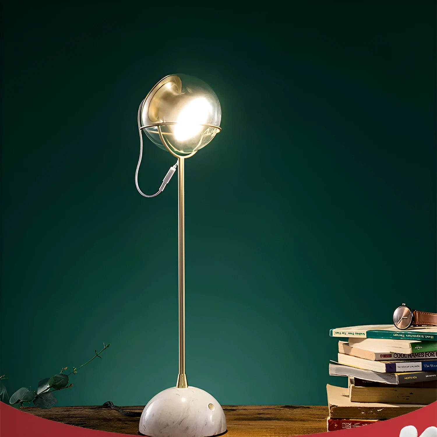 Glass desk lamp with dimmable touch control and LED light source on desk surface