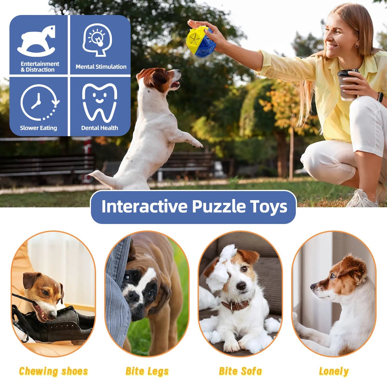 Blue dog toy ball hollow treat dispensing puzzle toy for indoor and outdoor use