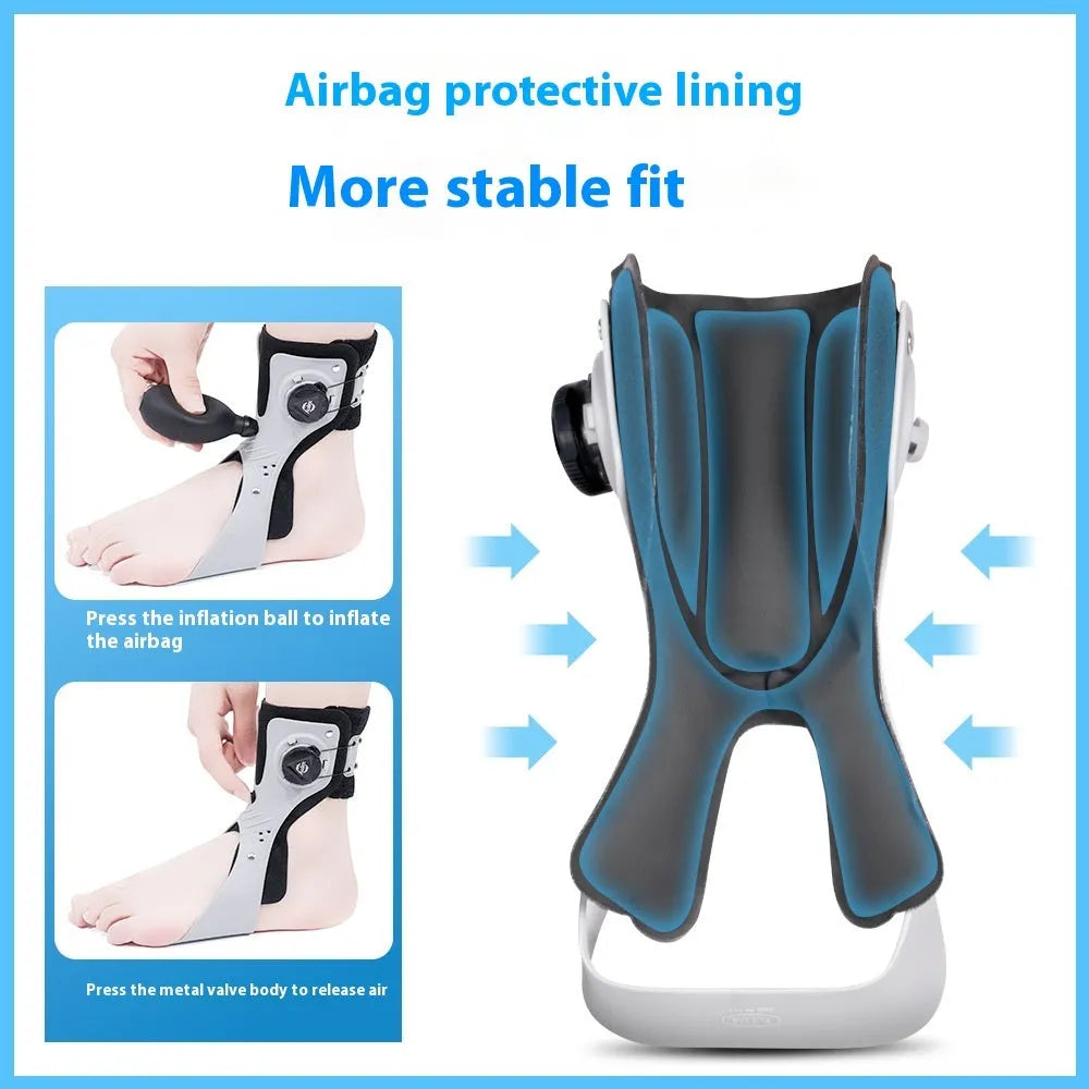 Black and grey adjustable ankle support brace with airbag button, shown in left and right specific fittings.