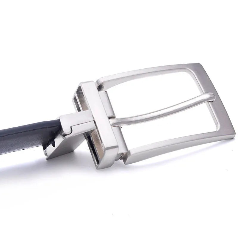 Men's brown and black leather belt with rotating pin buckle fastening mechanism showing length adjustment