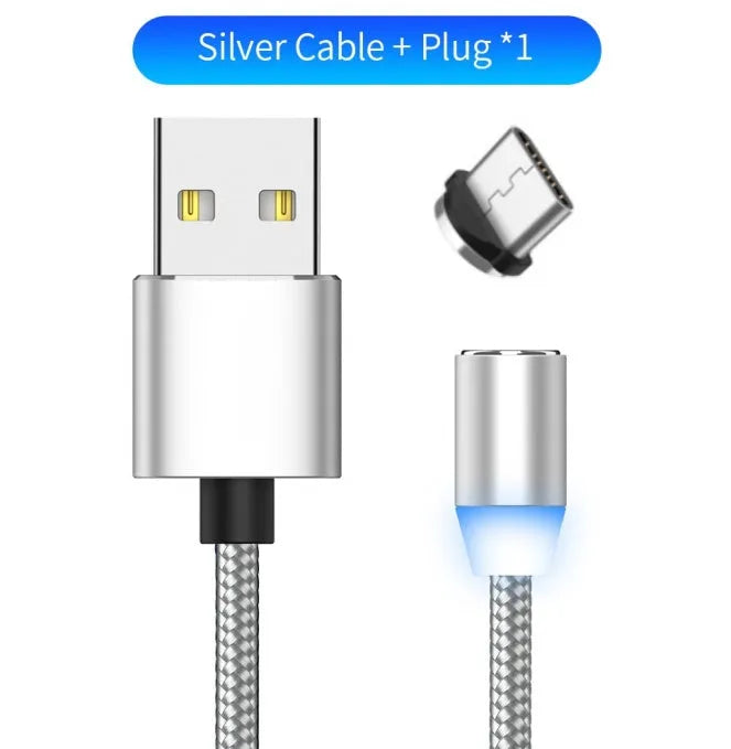 YBD 1 metre cotton braided magnetic charging cable with Lightning, Micro USB and Type-C connectors.