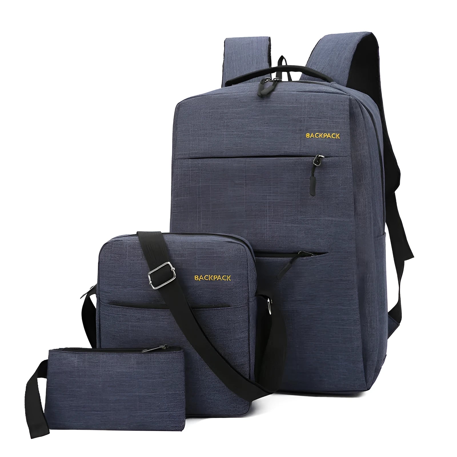Three men's computer bags in nylon with USB charging ports, shown in wine red, black, grey, and navy blue colour options