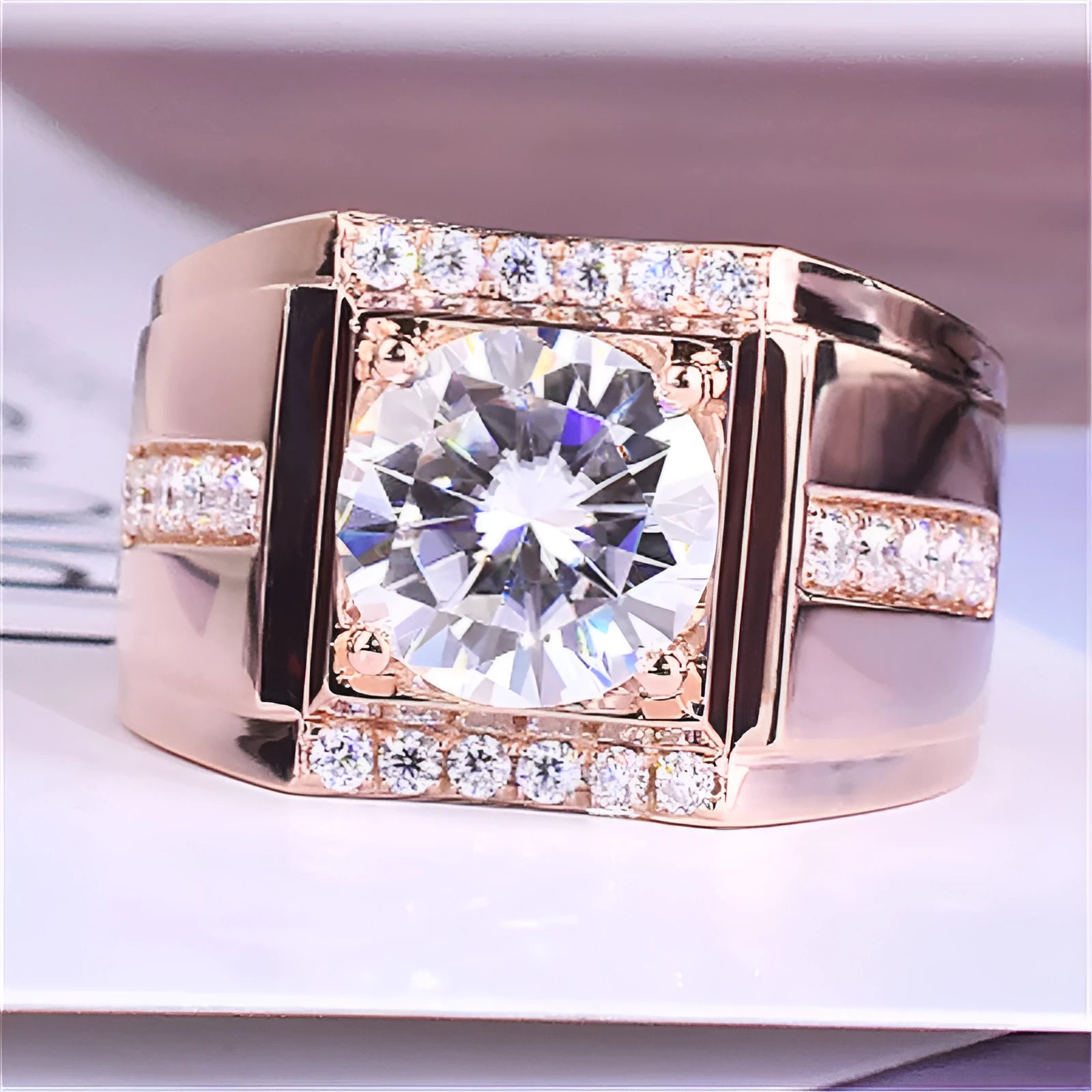 Men's adjustable copper ring with diamond geometry design in electroplated rose gold finish